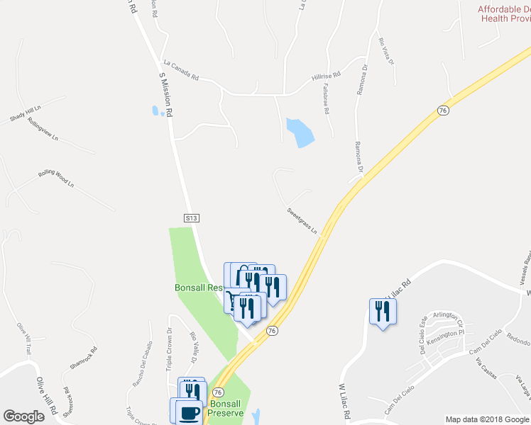 map of restaurants, bars, coffee shops, grocery stores, and more near 4923 Sweetgrass Lane in Bonsall