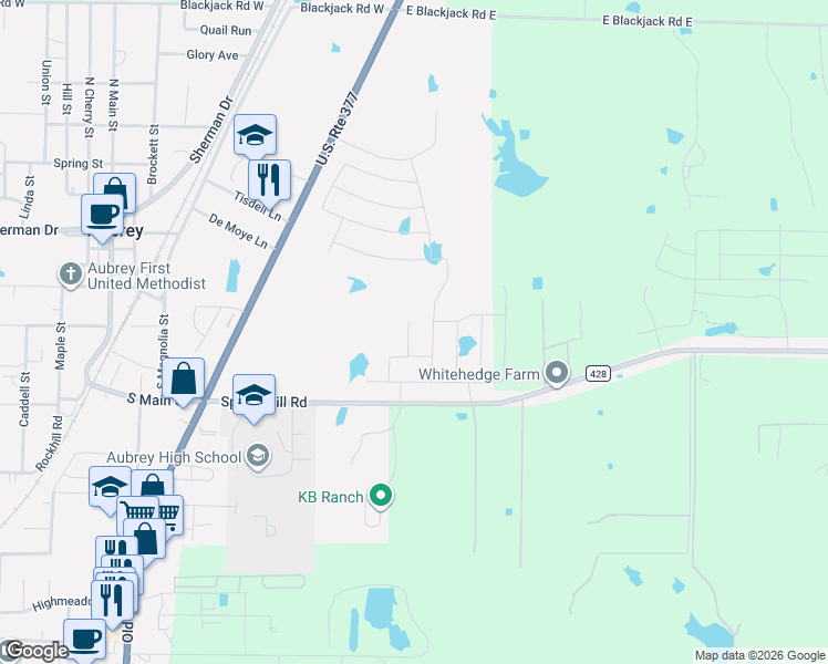 map of restaurants, bars, coffee shops, grocery stores, and more near 609 Spring Hill Road in Aubrey
