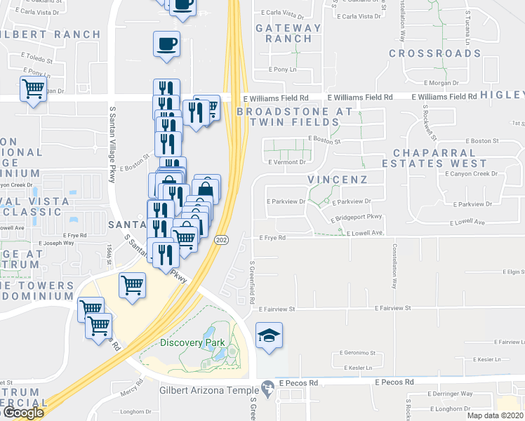 map of restaurants, bars, coffee shops, grocery stores, and more near 2692 South Portland Avenue in Gilbert