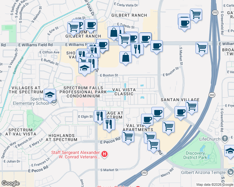 map of restaurants, bars, coffee shops, grocery stores, and more near 1723 East Hampton Lane in Gilbert