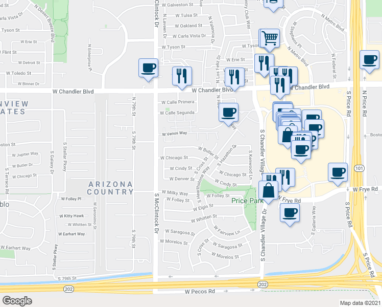 map of restaurants, bars, coffee shops, grocery stores, and more near 198 South Los Feliz Drive in Chandler