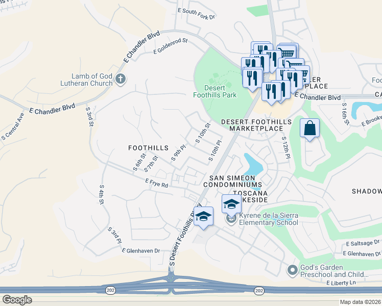 map of restaurants, bars, coffee shops, grocery stores, and more near 16003 South 9th Place in Phoenix