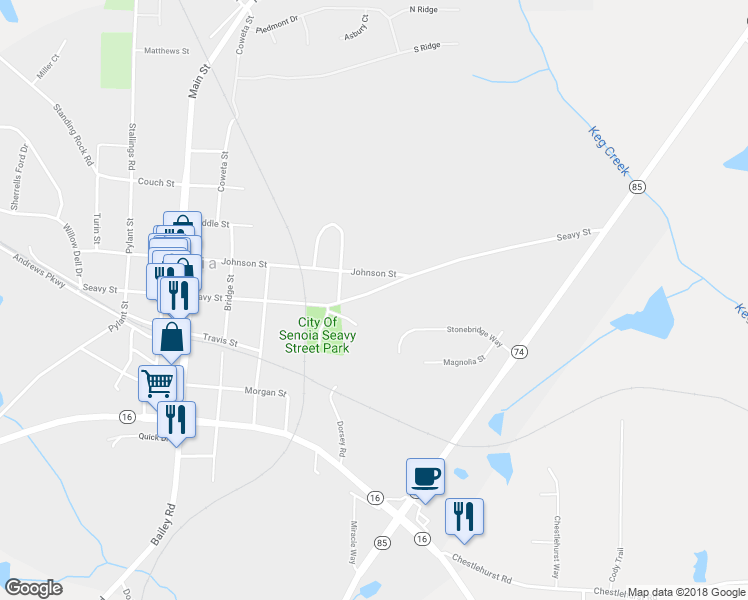 map of restaurants, bars, coffee shops, grocery stores, and more near 483 Seavy Street in Senoia