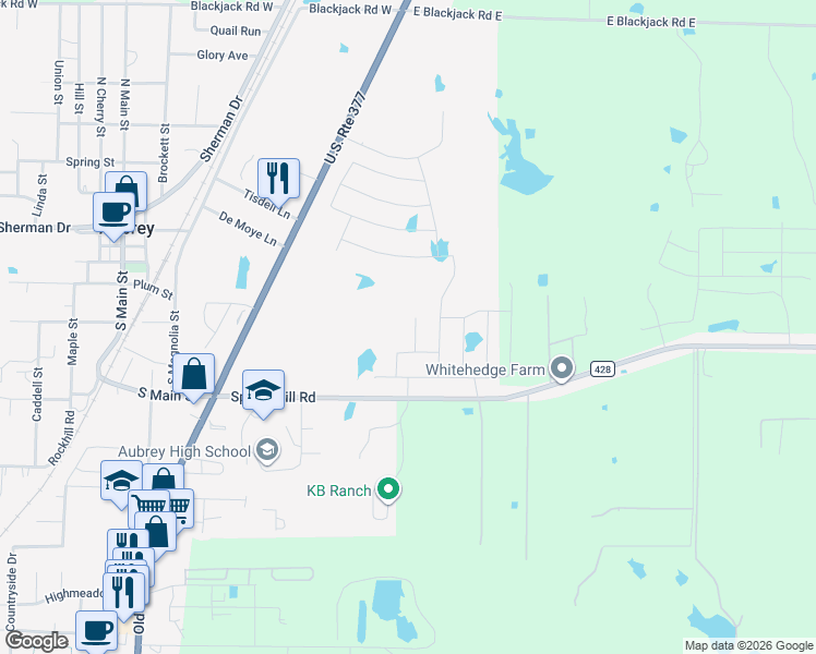 map of restaurants, bars, coffee shops, grocery stores, and more near 609 Spring Hill Road in Aubrey