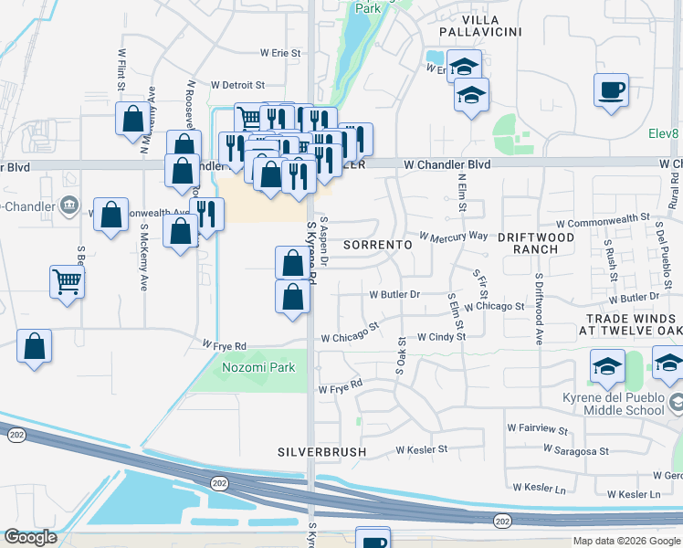 map of restaurants, bars, coffee shops, grocery stores, and more near 5981 West Venus Way in Chandler