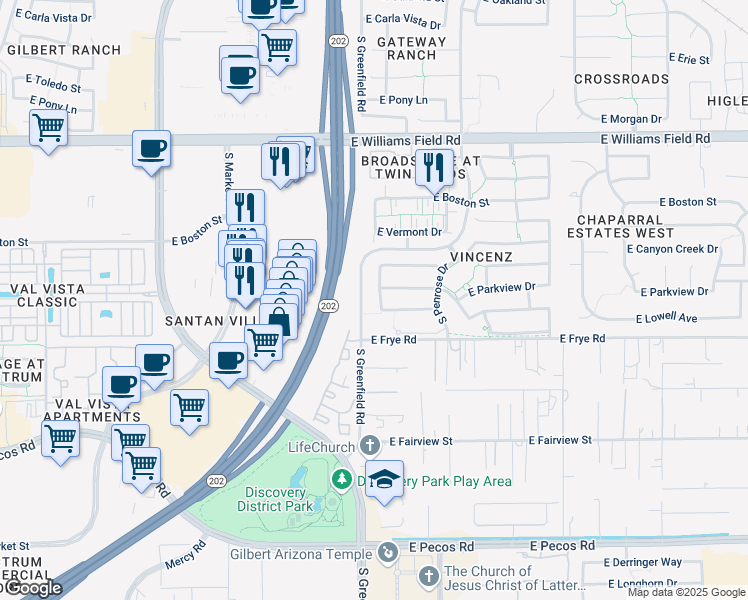 map of restaurants, bars, coffee shops, grocery stores, and more near 2720 South Portland Avenue in Gilbert
