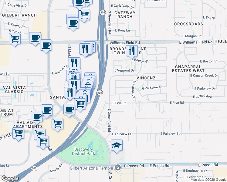 map of restaurants, bars, coffee shops, grocery stores, and more near 2692 South Portland Avenue in Gilbert