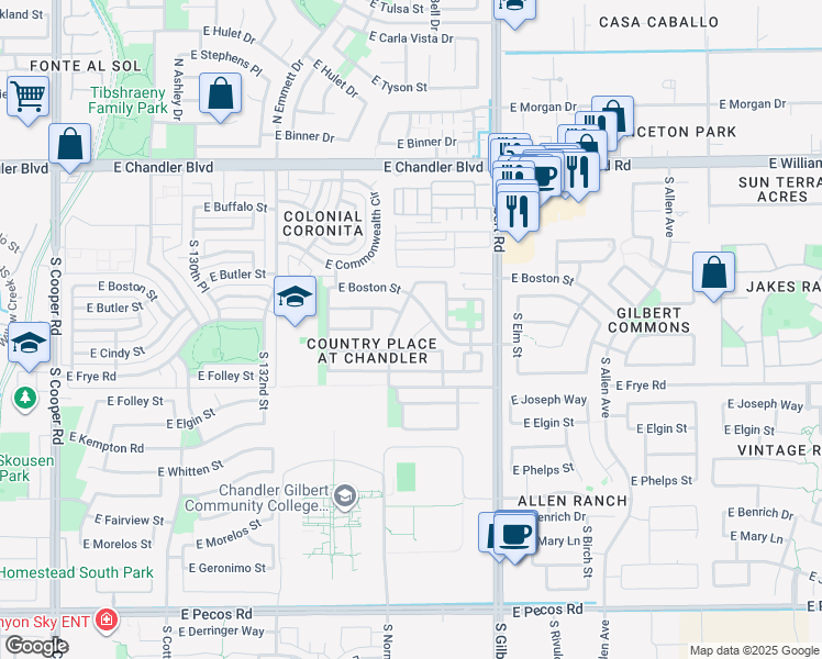 map of restaurants, bars, coffee shops, grocery stores, and more near 16035 South Country Place in Chandler