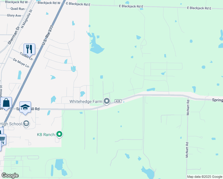 map of restaurants, bars, coffee shops, grocery stores, and more near 1019 Spring Hill Road in Aubrey