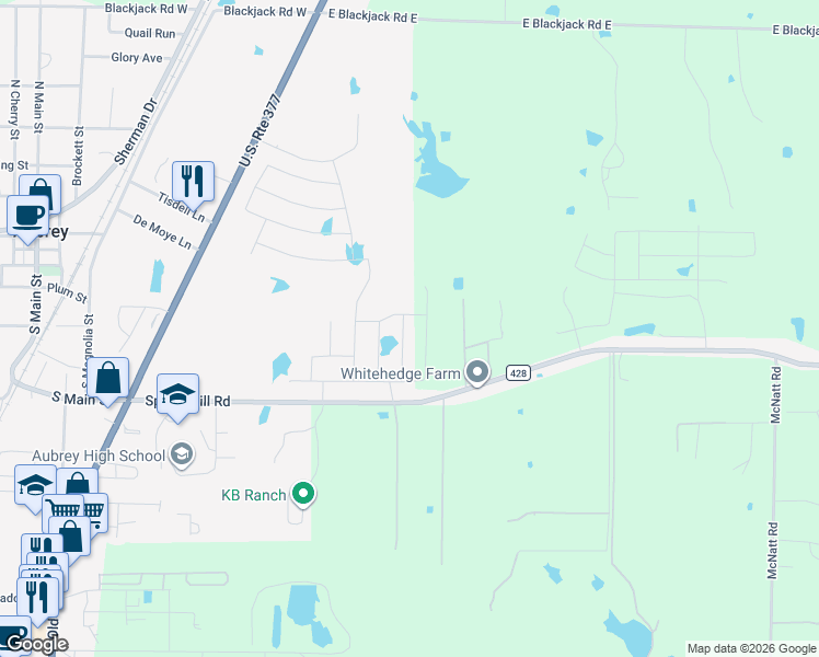 map of restaurants, bars, coffee shops, grocery stores, and more near 609 Spring Hill Road in Aubrey