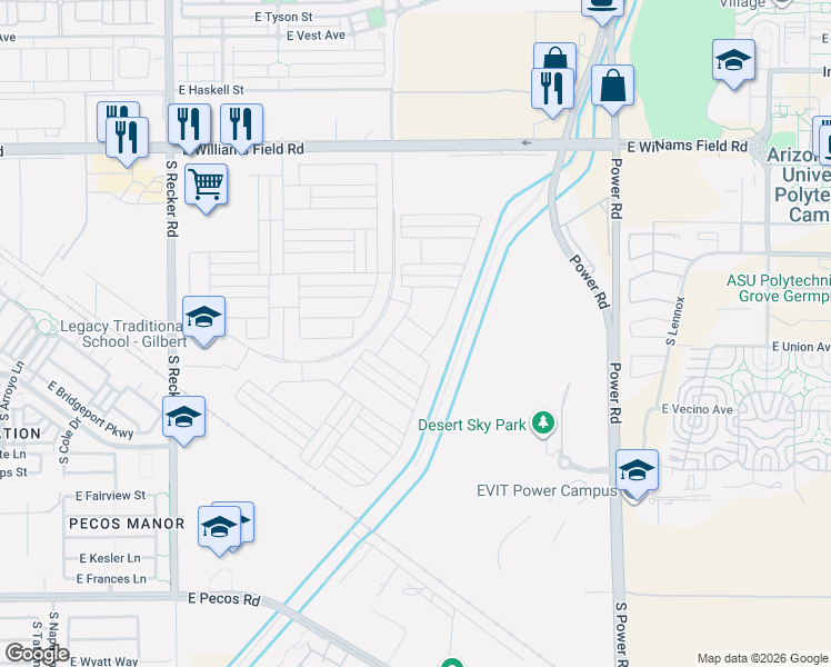 map of restaurants, bars, coffee shops, grocery stores, and more near 4441 E Bernice St in Gilbert