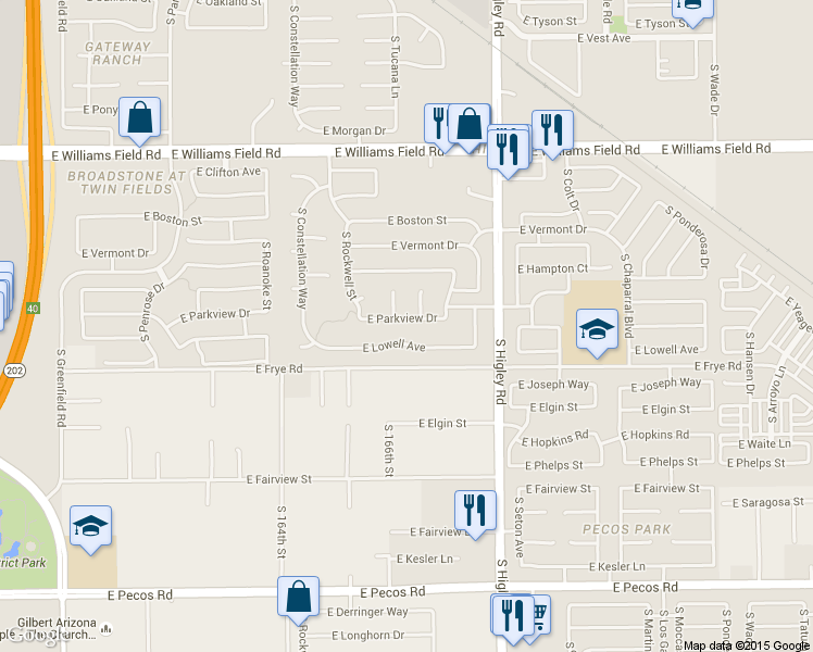 map of restaurants, bars, coffee shops, grocery stores, and more near 2706 South Tucana Court in Gilbert