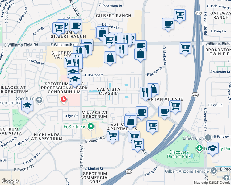 map of restaurants, bars, coffee shops, grocery stores, and more near 2670 South Voyager Drive in Gilbert