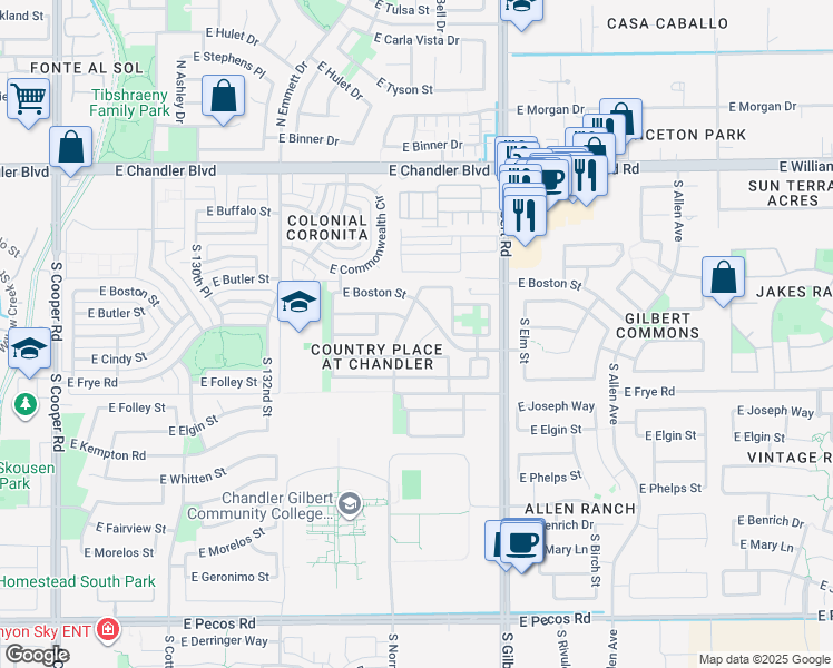 map of restaurants, bars, coffee shops, grocery stores, and more near 16035 South Country Place in Chandler