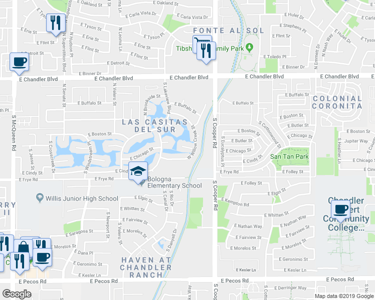 map of restaurants, bars, coffee shops, grocery stores, and more near 1740 East Boston Circle in Chandler
