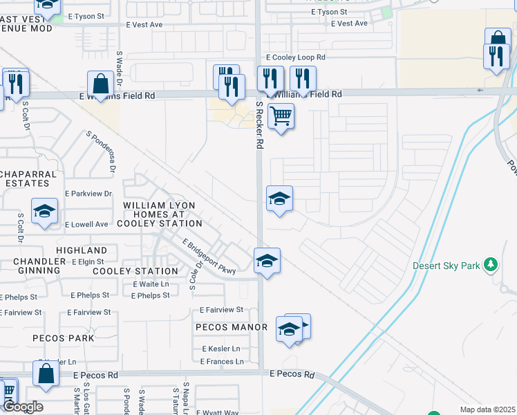 map of restaurants, bars, coffee shops, grocery stores, and more near 16012 South Recker Road in Gilbert