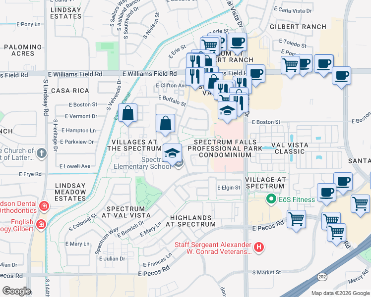 map of restaurants, bars, coffee shops, grocery stores, and more near 1359 East Parkview Drive in Gilbert