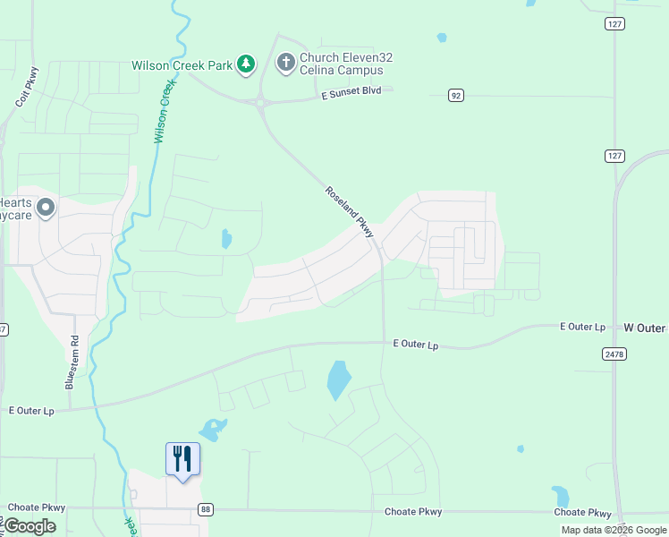 map of restaurants, bars, coffee shops, grocery stores, and more near 2317 Plumeria Lane in Celina