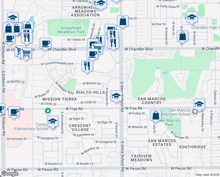map of restaurants, bars, coffee shops, grocery stores, and more near 151-179 South Apache Drive in Chandler
