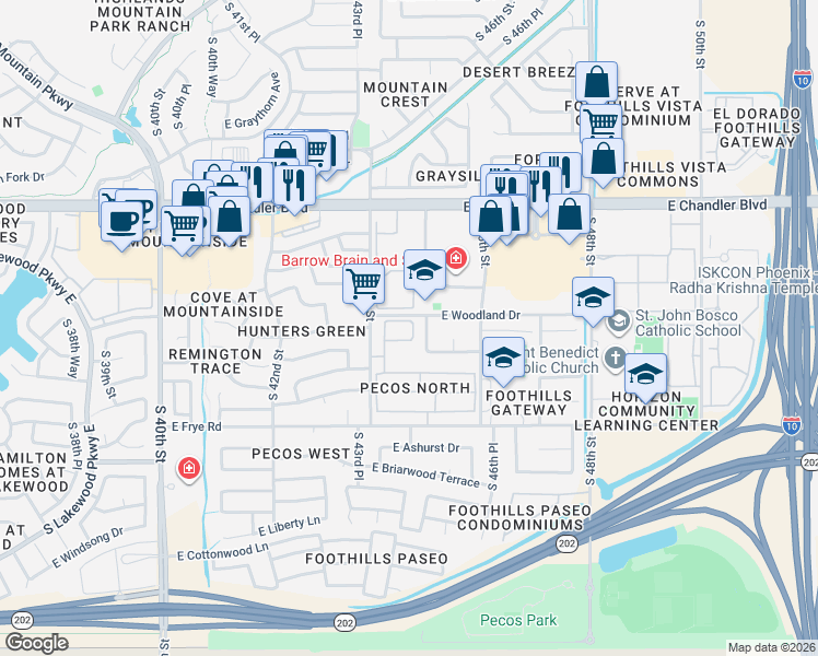 map of restaurants, bars, coffee shops, grocery stores, and more near 16002 South 45th Street in Phoenix