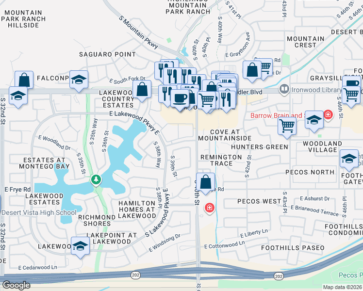 map of restaurants, bars, coffee shops, grocery stores, and more near 3830 South Lakewood Parkway East in Phoenix