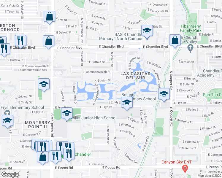 map of restaurants, bars, coffee shops, grocery stores, and more near 1452 East Butler Circle in Chandler