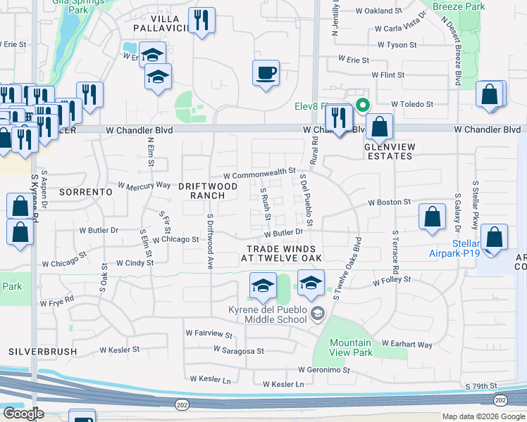 map of restaurants, bars, coffee shops, grocery stores, and more near 5155 West Boston Way South in Chandler