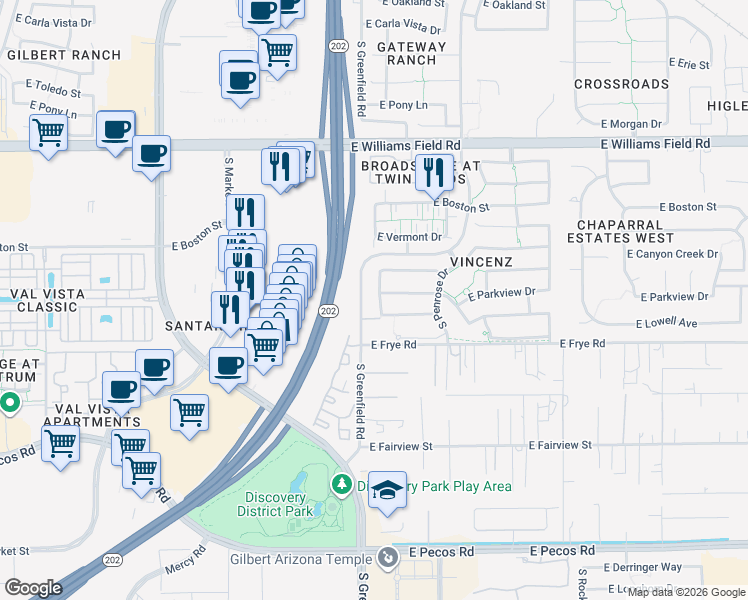 map of restaurants, bars, coffee shops, grocery stores, and more near 2710 South Portland Avenue in Gilbert