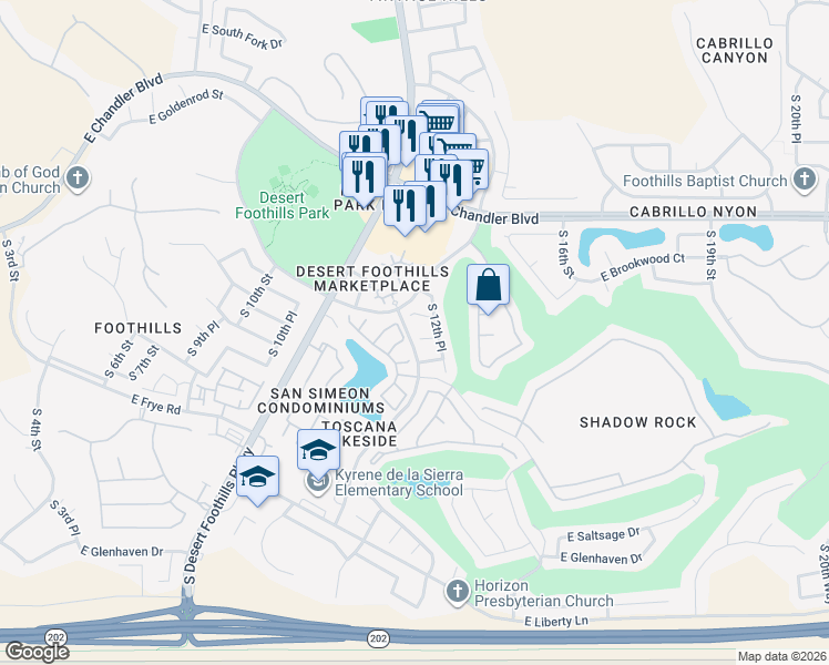 map of restaurants, bars, coffee shops, grocery stores, and more near 1215 East Hiddenview Drive in Phoenix