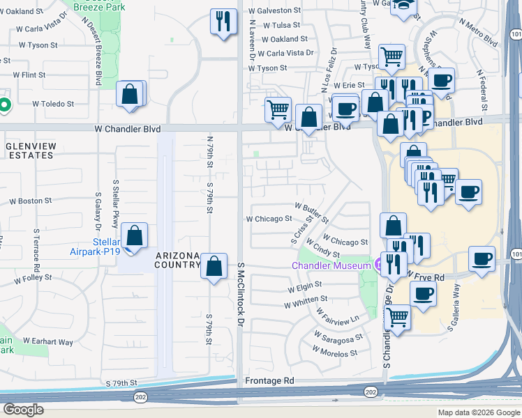 map of restaurants, bars, coffee shops, grocery stores, and more near 3988 West Butler Street in Chandler