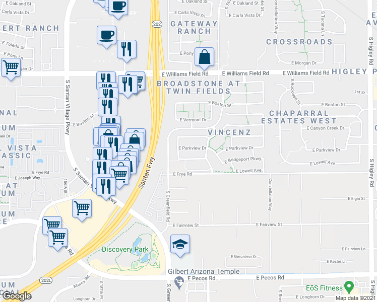 map of restaurants, bars, coffee shops, grocery stores, and more near 2481 East Parkview Drive in Gilbert