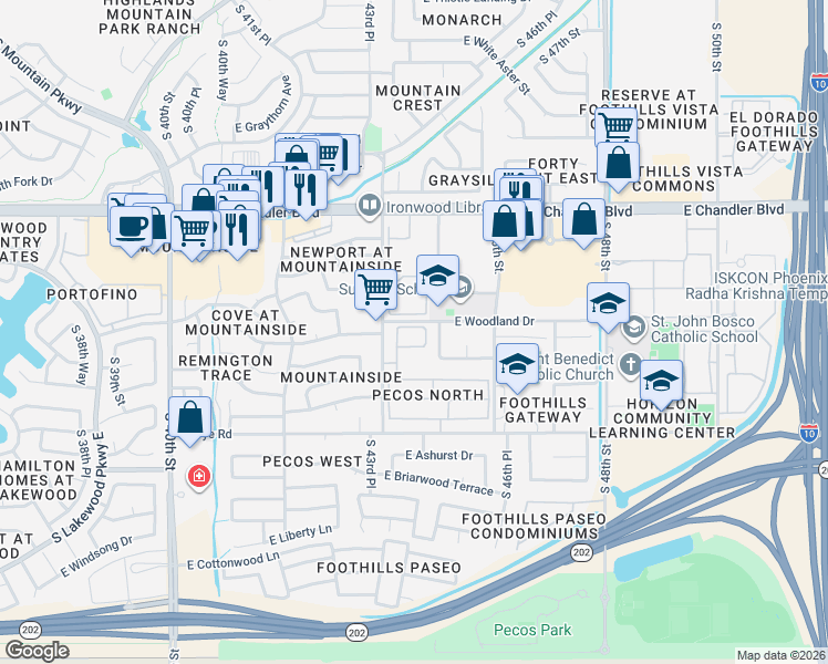 map of restaurants, bars, coffee shops, grocery stores, and more near 16002 South 44th Place in Phoenix