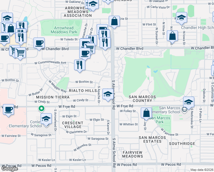 map of restaurants, bars, coffee shops, grocery stores, and more near 1011 West Boston Court in Chandler