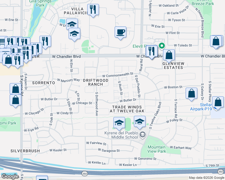 map of restaurants, bars, coffee shops, grocery stores, and more near 71 South Forest Drive in Chandler