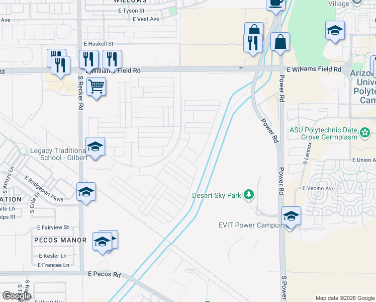 map of restaurants, bars, coffee shops, grocery stores, and more near 4441 East Bernice Street in Gilbert