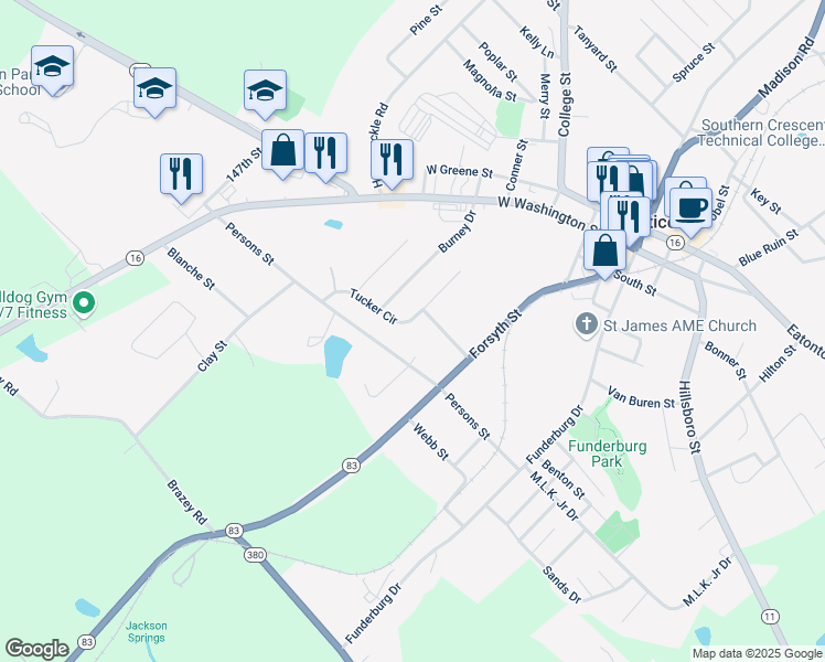 map of restaurants, bars, coffee shops, grocery stores, and more near 99 Tucker Circle in Monticello