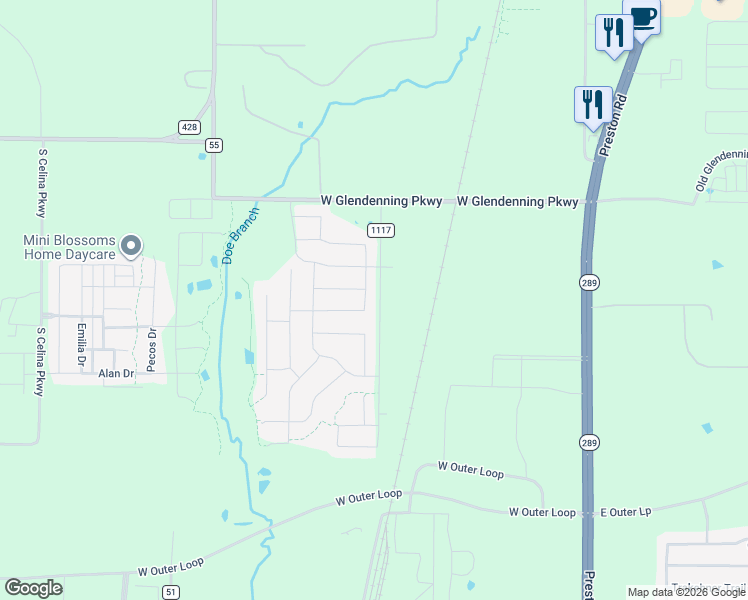 map of restaurants, bars, coffee shops, grocery stores, and more near 712 Bretallow Drive in Celina