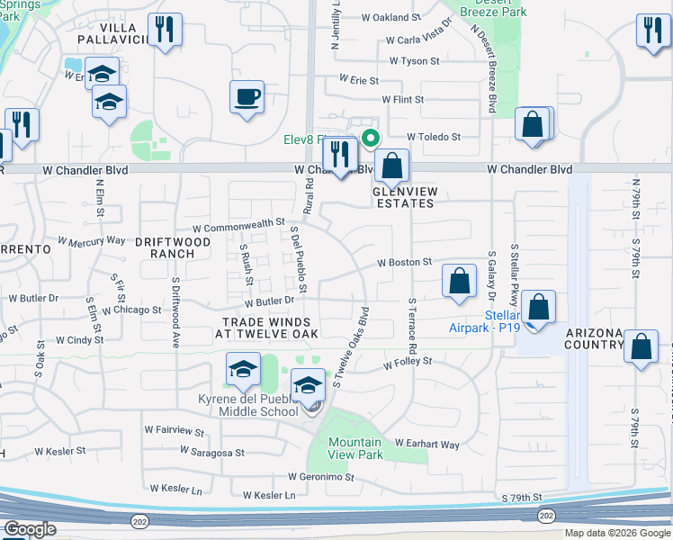 map of restaurants, bars, coffee shops, grocery stores, and more near 4908 West Boston Street in Chandler