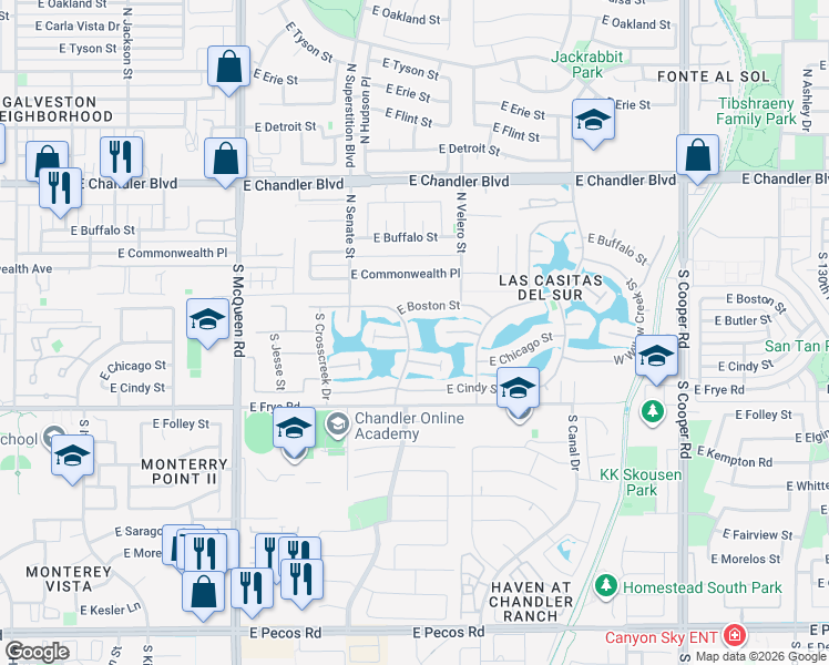 map of restaurants, bars, coffee shops, grocery stores, and more near 213 South Windstream Place in Chandler