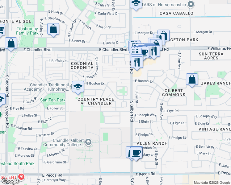 map of restaurants, bars, coffee shops, grocery stores, and more near 16032 South Catalina Street in Chandler