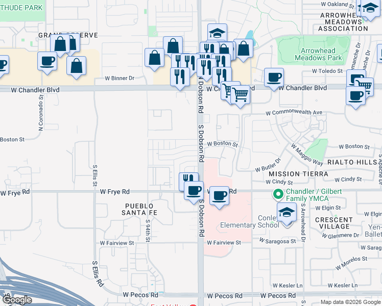 map of restaurants, bars, coffee shops, grocery stores, and more near 2048 West Butler Drive in Chandler