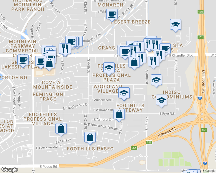 map of restaurants, bars, coffee shops, grocery stores, and more near 4513 East Woodland Drive in Phoenix