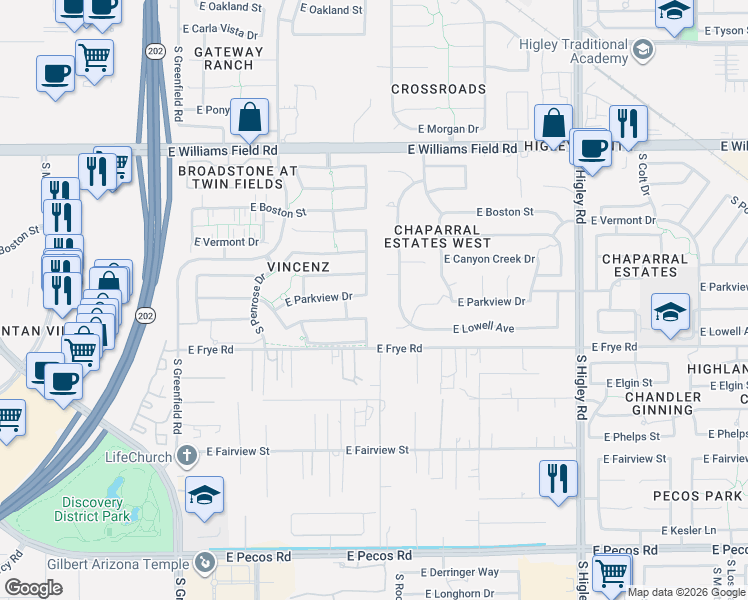 map of restaurants, bars, coffee shops, grocery stores, and more near 2757 East Parkview Drive in Gilbert