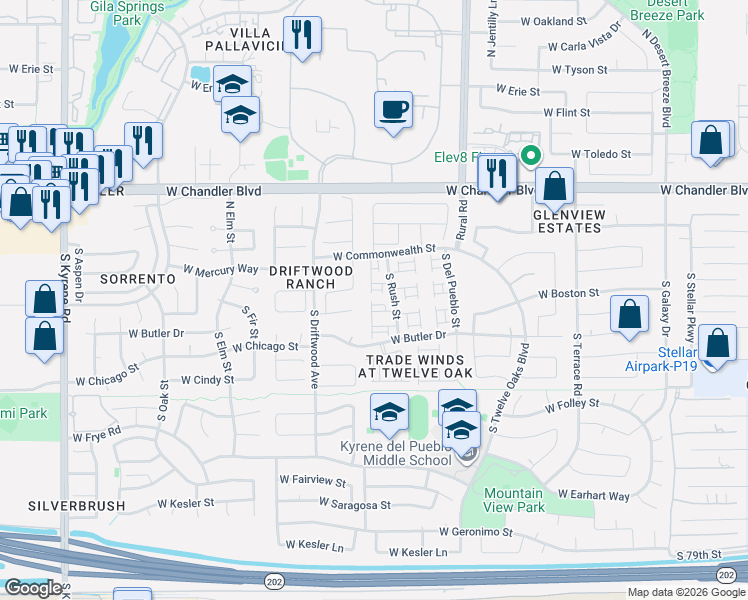 map of restaurants, bars, coffee shops, grocery stores, and more near 71 South Forest Drive in Chandler