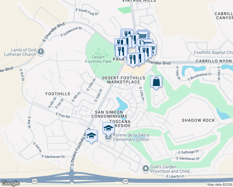 map of restaurants, bars, coffee shops, grocery stores, and more near 15866 South 11th Place in Phoenix
