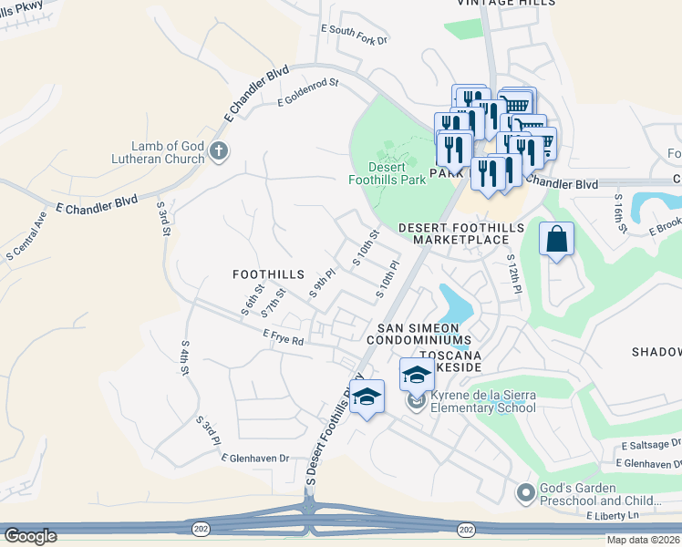 map of restaurants, bars, coffee shops, grocery stores, and more near 16003 South 9th Place in Phoenix