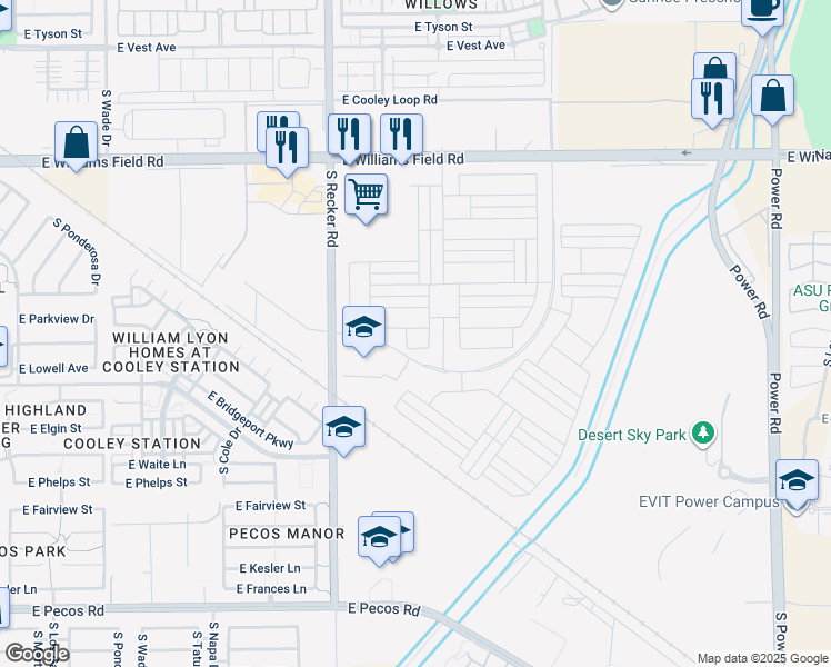 map of restaurants, bars, coffee shops, grocery stores, and more near 4157 East Bernice Street in Gilbert