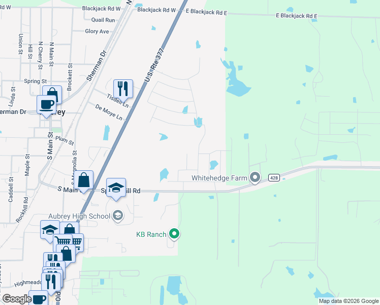 map of restaurants, bars, coffee shops, grocery stores, and more near 609 Spring Hill Road in Aubrey