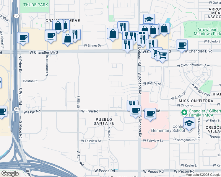 map of restaurants, bars, coffee shops, grocery stores, and more near 109 S 94th St in Chandler