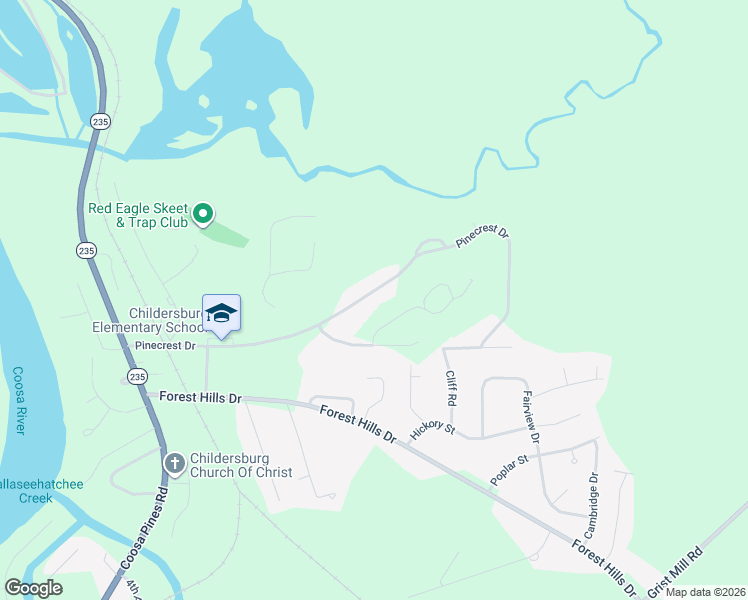 map of restaurants, bars, coffee shops, grocery stores, and more near 638 Pinecrest Drive in Childersburg